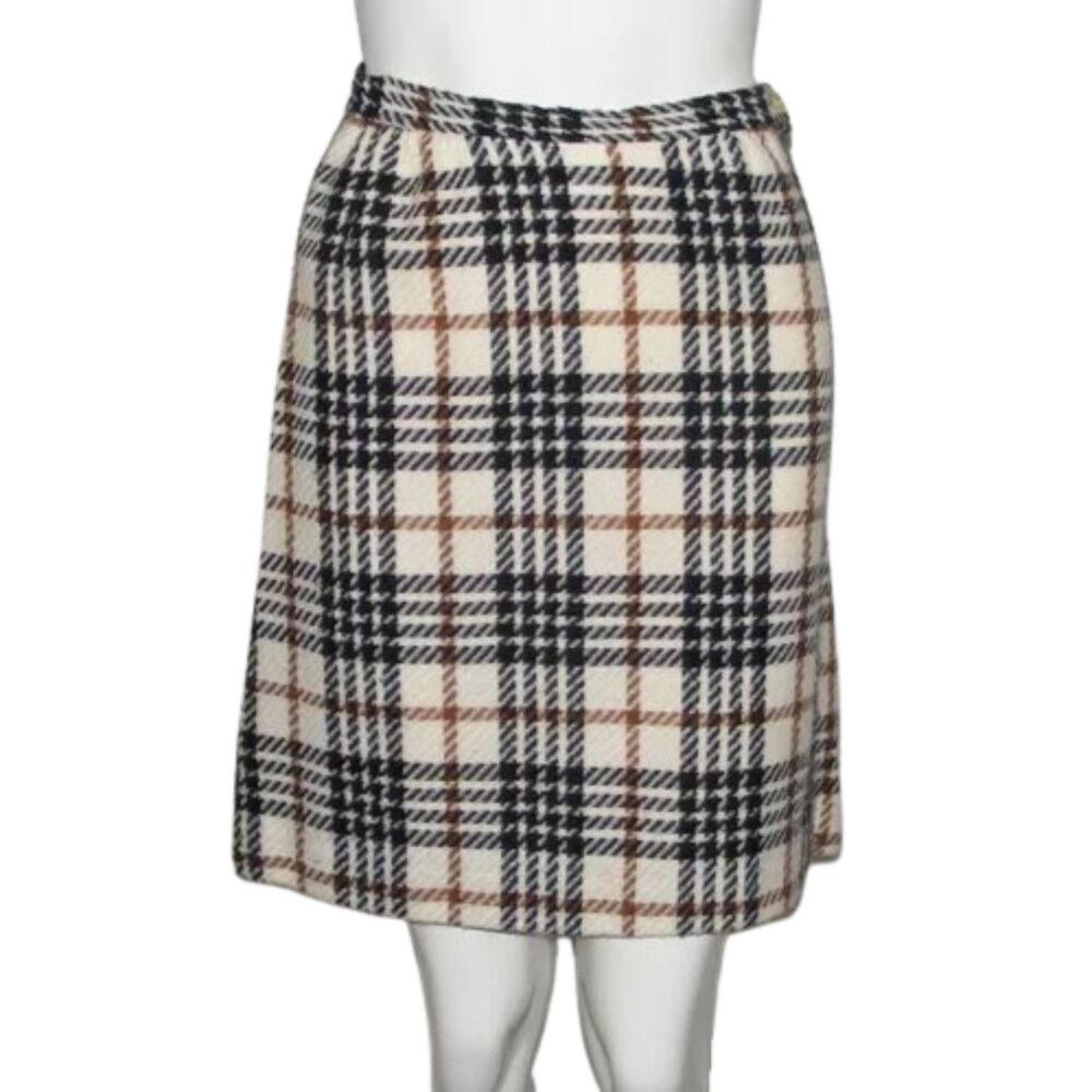 Vintage Plaid Skirt, 24/XS, Off-white, Black, Camel plaid, Lined, Side Zipper
